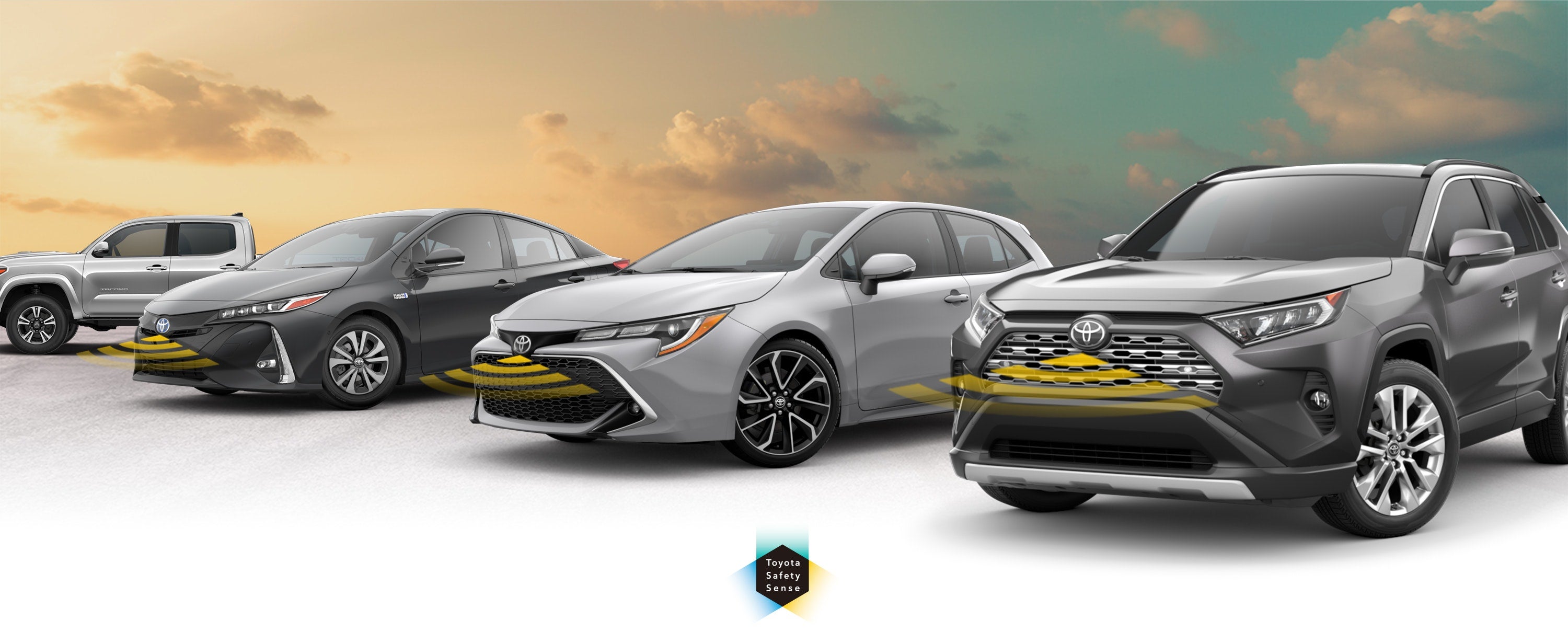 Toyota Safety Sense: Designed for Safety. Options shown on Toyota models including RAV4, Tacoma, and Camry, available now at Steet Toyota of Johnstown in Johnstown NY.