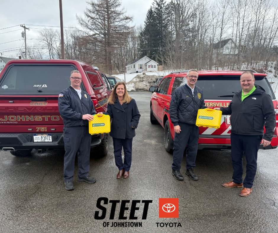 General Manager, Vivienne Cirillo and Sales Manager, Steve Herr of Steet Toyota of Johnstown presenting members of the Johnstown and Gloversville Fire Departments with an Emergency Plug for Hybrid and EV Vehicles